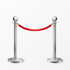 Vector 3d Realistic Chrome Fence for the Red Carpet Closeup Isolated on White Background. Red Barrier Rope. Silver pole. Front View. Luxury, VIP concept. Equipment for Events