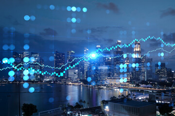 FOREX graph hologram, aerial night panoramic cityscape of Singapore, the developed location for stock market researchers in Asia. The concept of fundamental analysis. Double exposure.