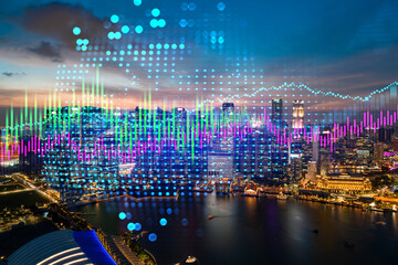 Obraz na płótnie Canvas Market behavior graph hologram, sunset panoramic city view of Singapore, popular location to achieve financial degree in Asia. The concept of financial data analysis. Double exposure.