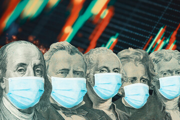 Different american presidents from dollar banknotes with a face masks on stock market background...