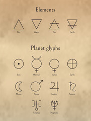 Elements Signs And Planet Glyphs Set. Planets Symbols And Fire, Water, Air, Earth Linear Icons Isolated On Beige Background. Astrology Or Esoteric Concept. Vector Design Elements For Icon, Logotype.
