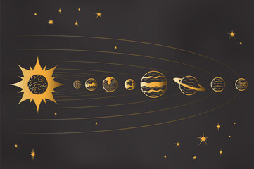 Planets Of Solar System Standing In Line Vector Outline Illustration With Golden Gradient. Solar System Panoram And Stars Isolated On Black Background. Astronomy Or Astrology Concept For Icon, Logo