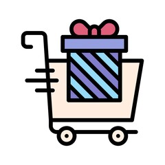 gift box related gift box with strips and shopping trolly vector with editable stroke