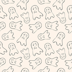 Halloween vector seamless pattern. Black and white abstract texture with scary face, ghost silhouette. Simple monochrome linear background. Creepy funny design for decoration, print, wrapping, cover