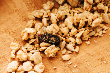 Granola With  Dried Fruit on a wooden table top,