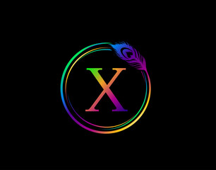 X Letter Decorated With Hologram Color Peacock Feather. Circle Badge With Peacock Feather.