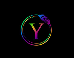 Y Letter Decorated With Hologram Color Peacock Feather. Circle Badge With Peacock Feather.