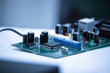 Electronic circuit board close up. Electronic computer technology.