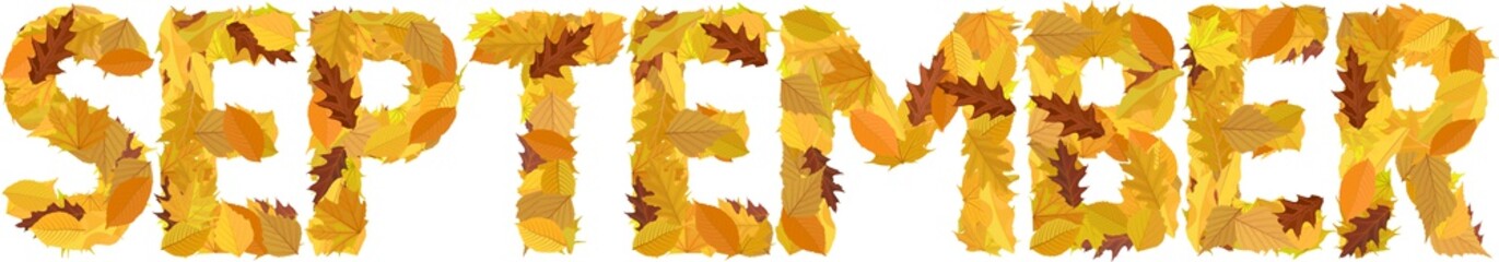 Word September With Colourful Letters Autumnal Leaves
