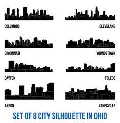 Fotobehang Set of 8 city silhouette in Ohio ( Columbus, Cleveland, Cincinnati, Youngstown, Dayton, Toledo, Akron, Zanesville ) © Vincze