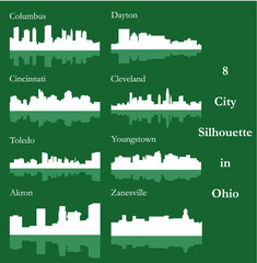 Set of 8 city silhouette in Ohio ( Columbus, Cleveland, Cincinnati, Youngstown, Dayton, Toledo, Akron, Zanesville ) - obrazy, fototapety, plakaty