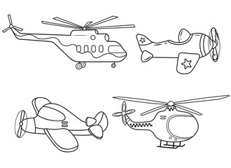 Funny coloring kids air transport set. Helicopters, biplane, parachutist cartoon  black and white vector illustration isolated on white background