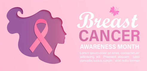 Breast cancer awareness month banner with woman silhouette in papercut style.Poster for world preventive health care iniative.Paper cut face with ribbon inside.Template for design,flyer.Vector.