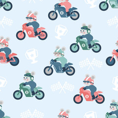 cute motorcycle racing cartoon seamless pattern print surface design illustration