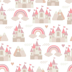 cute castle kingdom cartoon seamless pattern print surface design illustration