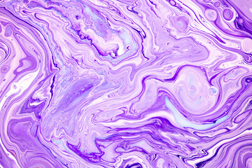 Fototapeta premium Fluid art texture. Background with abstract swirling paint effect. Liquid acrylic artwork with colorful mixed paints. Can be used for background or poster. Purple and white overflowing colors