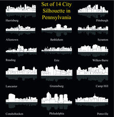 Set of 14 city silhouette in Pennsylvania (Philadelphia, Bethlehem, Harrisburg, Pittsburg, Erie, Lancaster, Reading, Allentown, Scranton, Pottsville, Greensburg, Camp Hill, Wilkes-Barre, Conshohocken) - obrazy, fototapety, plakaty