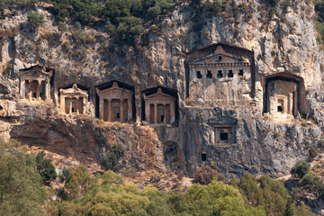 Lycian Royal mountain tombs carved into the rocks near the town of Dalyan in the province of Marmaris in Turkey