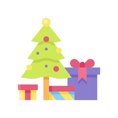 Fototapeta na wymiar gift box related gift boxes with christmas tree, ribbon, bow and strips vector in flat style,