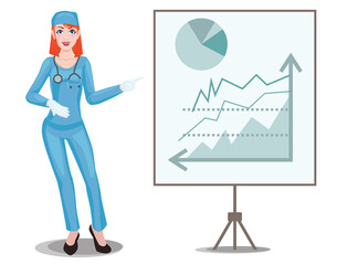 Woman doctor at the presentation. The red-haired nurse with clipboard giving medical presentation.