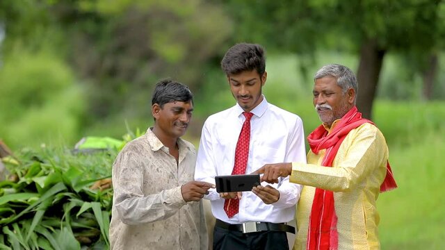 Indian farmer with agronomist at Cotton field , showing some information on tab