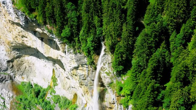 Staubbach Falls in Switzerland. A waterfall surrounded by the green forest of the Alps - 4K aerial drone view above the cliff