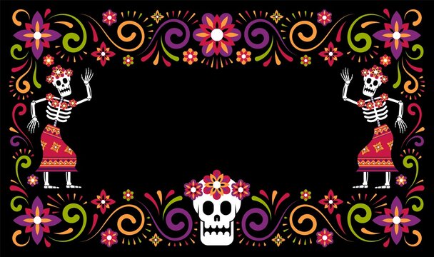 Day of dead mexican halloween ornamental frame with skeletons Catrina Calavera. Dia de Muertos poster with sugar skull. Vector illustartion.