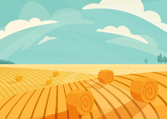 Wheat field landscape vector illustration after haymaking. Nature farm scenery with golden yellow haystack rolls. Bright summer countryside view © zaie