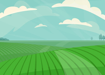 Landscape vector illustration. Green meadow field, hill, plants and blue sky with clouds. Nature spring, summer farm scenery. Countryside for organic production background © zaie