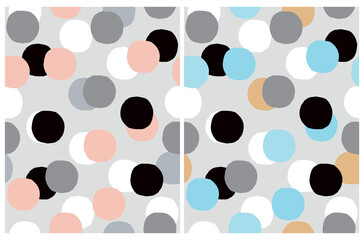 Cute Geometric Seamless Vector Patterns. Blue, Pink, White, Gold, Black and Gray Hand Drawn Polka Dots on a Light Gray Background. Lovely Infantile Irregular Dotted Print. 