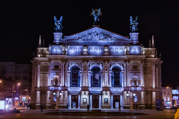 Lviv, Ukraine - February 23, 2019: view of opera building at night time