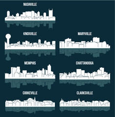 Set of 7 City Silhouette in Tennessee ( Knoxville, Nashville, Memphis, Cookeville, Clarksville, Maryville, Chattanooga ) - obrazy, fototapety, plakaty