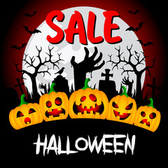 Sale Halloween background with funny pumpkins and hands zombie at the cemetery. Vector illustration