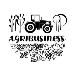 Fototapeta na wymiar Vector agro logo. Agribusiness, illustrations with agricultural concept. Logo for agro conference, farm exhibition. Agro poster with a farm field and a plowing tractor.
