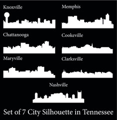 Set of 7 City Silhouette in Tennessee ( Knoxville, Nashville, Memphis, Cookeville, Clarksville, Maryville, Chattanooga )