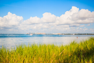 Beautiful hot summer Beach day with blue sky, white clouds, white sand, green grass, and clear water.