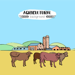 Vector sketch illustration of an agricultural farm, agri business, with agricultural hangars, silo tower, cows on pasture. Hand drawing in one linewith a colored background.