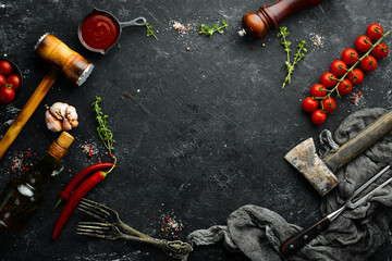 Culinary banner background with spices and herbs. Top view. Rustic style.