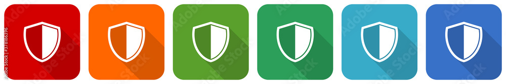 Poster shield, protection, security concept icon set, flat design vector illustration in 6 colors options f