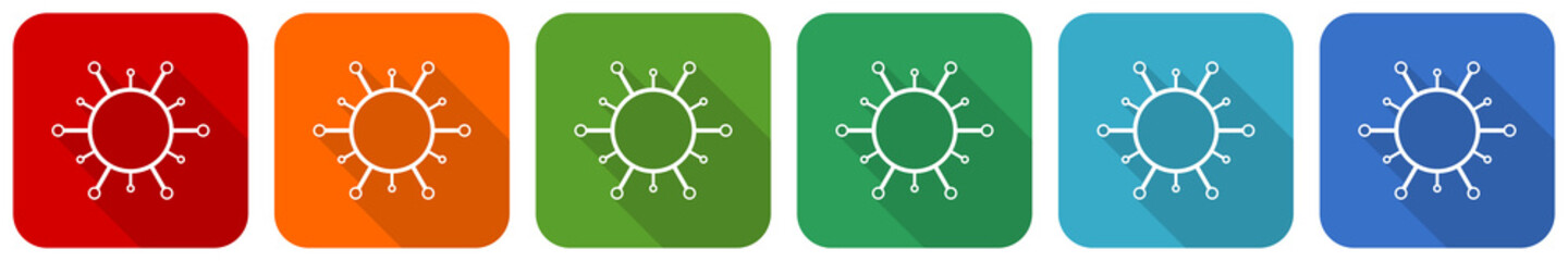 Virus, coronavirus, covid-19, infection icon set, flat design vector illustration in 6 colors options for webdesign and mobile applications