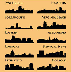 Set of 10 City Silhouette in Virginia ( Richmond, Norfolk, Roanoke, Rosslyn, Newport News, Alexandria, Portsmouth, Virginia Beach, Hampton, Lynchburg )