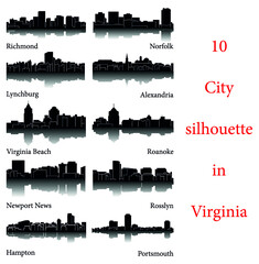 Set of 10 City Silhouette in Virginia ( Richmond, Norfolk, Roanoke, Rosslyn, Newport News, Alexandria, Portsmouth, Virginia Beach, Hampton, Lynchburg )