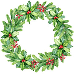 Watercolor christmas wreath, isolated on white,jpg