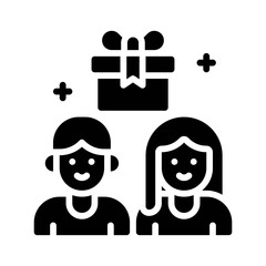 gift box related gift box with boy and girl or characters vector in solid design,