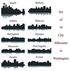 Set of 10 City Silhouette in Washington ( Seattle, Olympia, Auburn, Vancouver, Takoma, Spokane, Port Angeles, Bellingham, Bellevue, Everett )