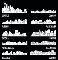 Set of 10 City Silhouette in Washington ( Seattle, Olympia, Auburn, Vancouver, Takoma, Spokane, Port Angeles, Bellingham, Bellevue, Everett ) - obrazy, fototapety, plakaty