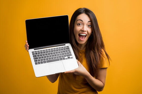 Portrait of laughing young woman with computer.