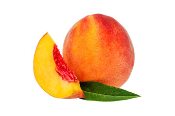 Peach. Ripe peach fruit isolated on white background. Beauty peach with leaf
