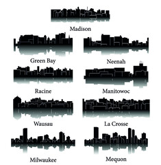 Set of 9 City Silhouette in Wisconsin ( Madison, La Crosse, Neenah, Wausau, Racine, Manitowoc, Green Bay, Mequon, Milwaukee )
