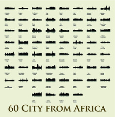 Set of 60 City Silhouettes from Africa ( Fez, Lusaka, East London, Lome, Togo, Kigali, Port Harcourt, Zanzibar, Meknes, Khartoum, Tunis, Marrakech, Morocco, South Africa, Johannesburg )